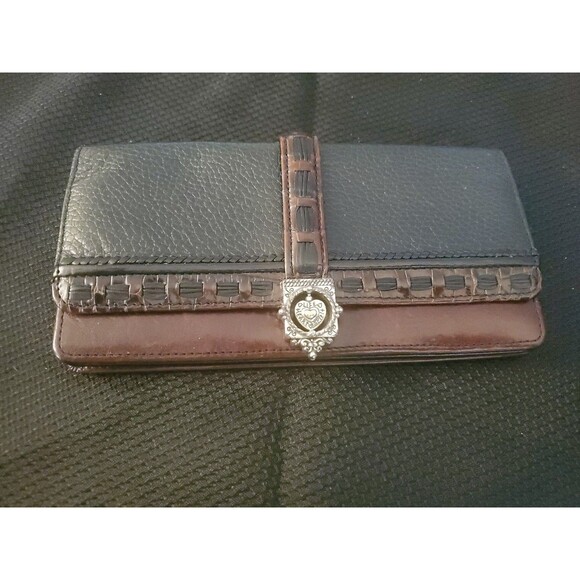 Brighton Handbags - Brighton Black & Brown Leather w/silver Heart Button Close Checkbook I.D. wallet